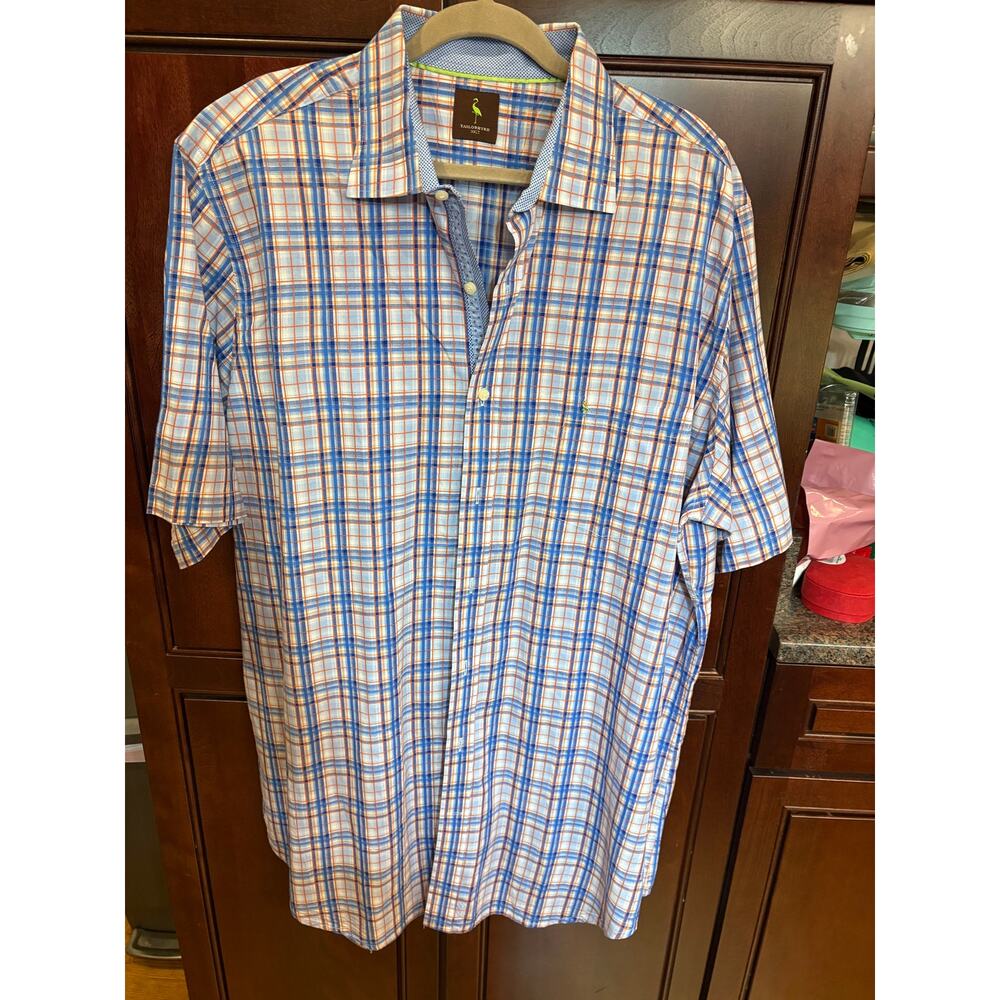 Tailor Byrd Mens Blue Orange Plaid Short Sleeve Button Front Casual Size 3XLT